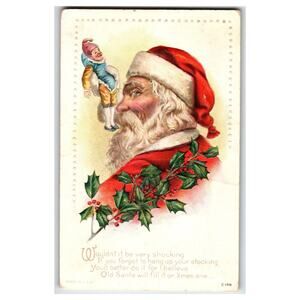 Vintage Embossed Santa Claus Christmas Postcard with Elf and Holly